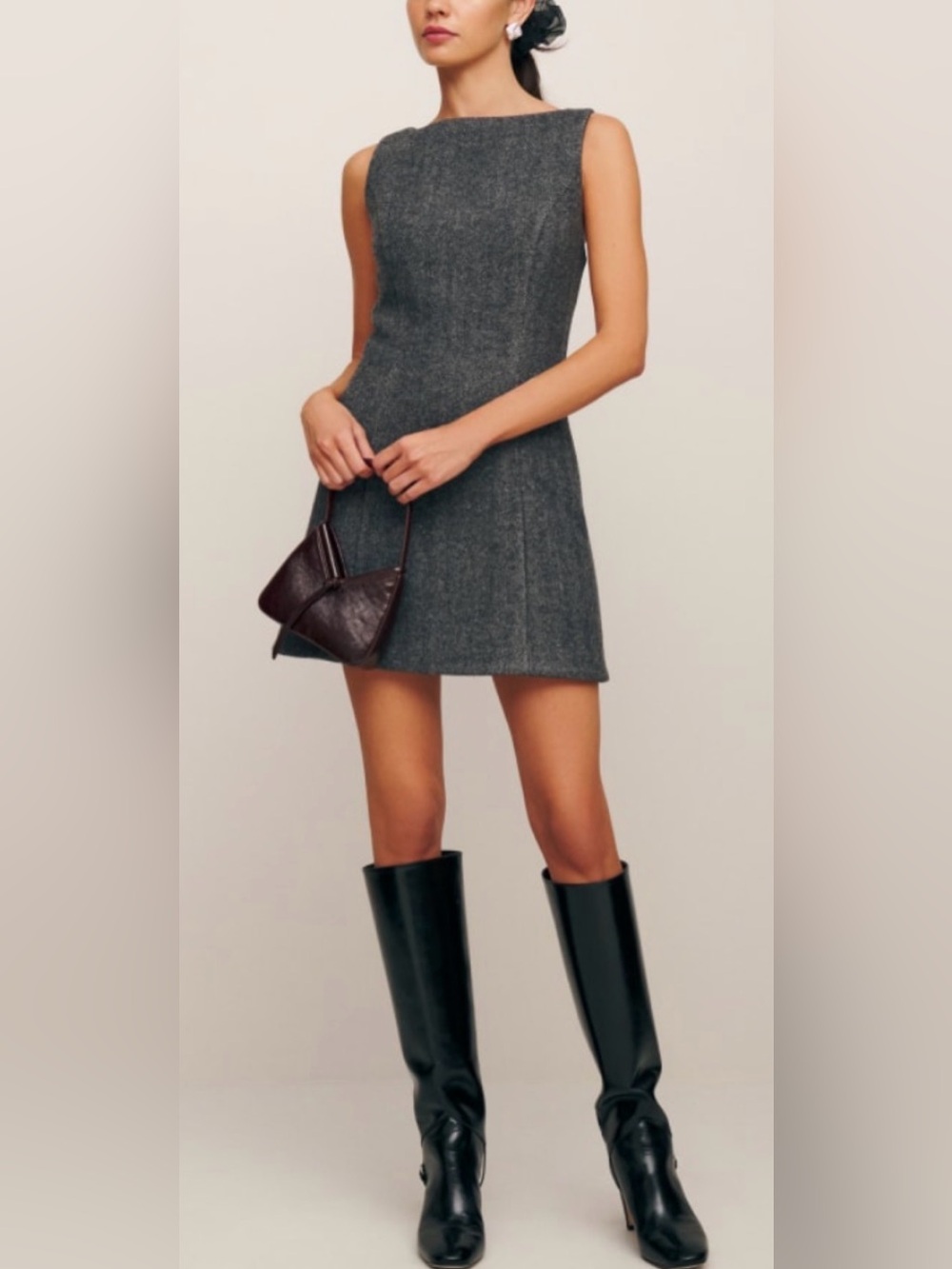 Reformation Tweed Mini Dress. Wool blend.  Charcoal. Minimalist. Layering. 10